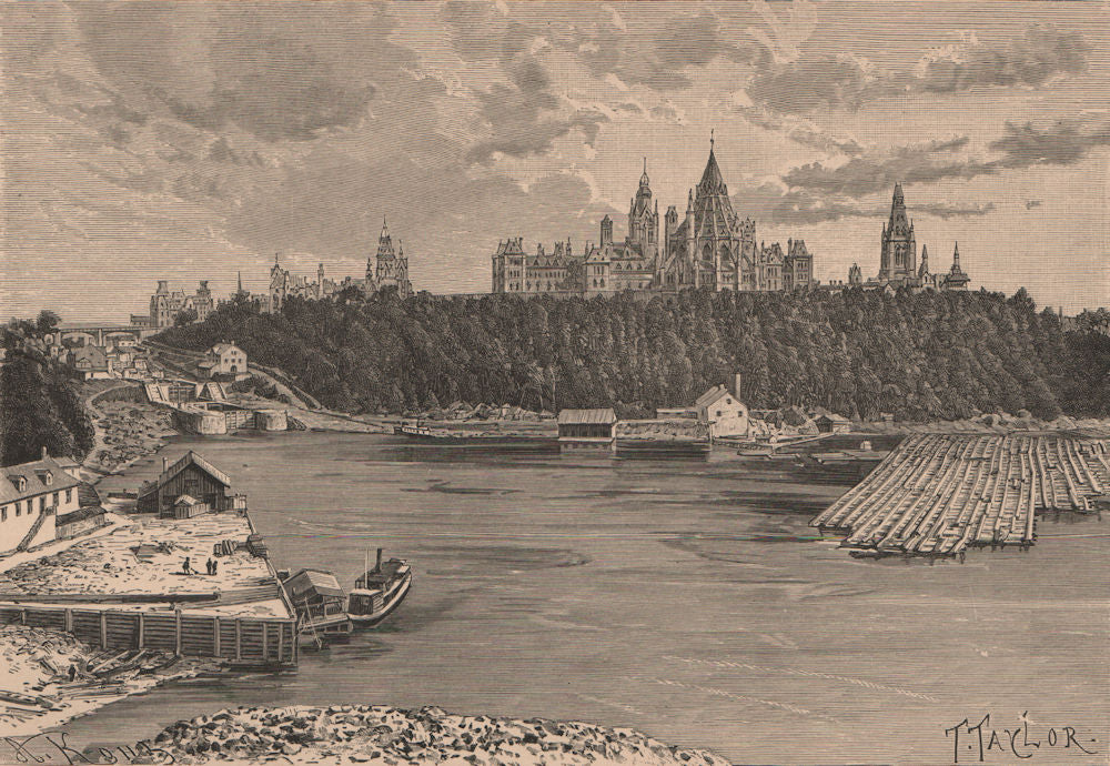 The Dominion Parliament - View from the Ottawa. Canada 1885 old antique print